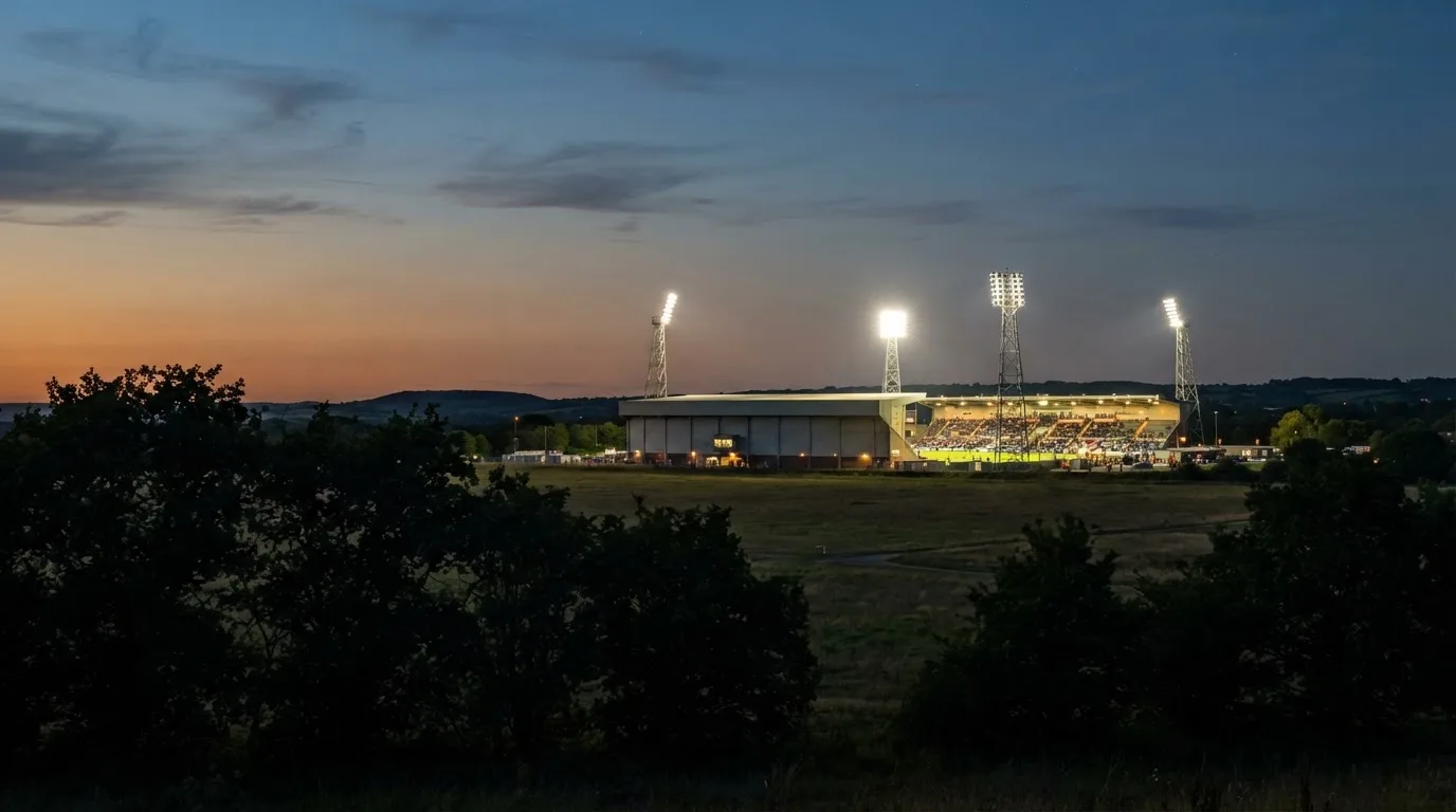 Ein Stadion unter Flutlicht aus großer Entfernung, davor die Silhouetten von Bäumen im Abendhimmel.