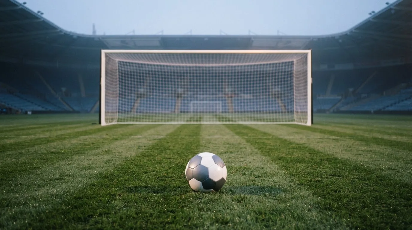 Ein Fußball auf dem Rasen vor einem leeren Tor im frühen Morgenlicht.