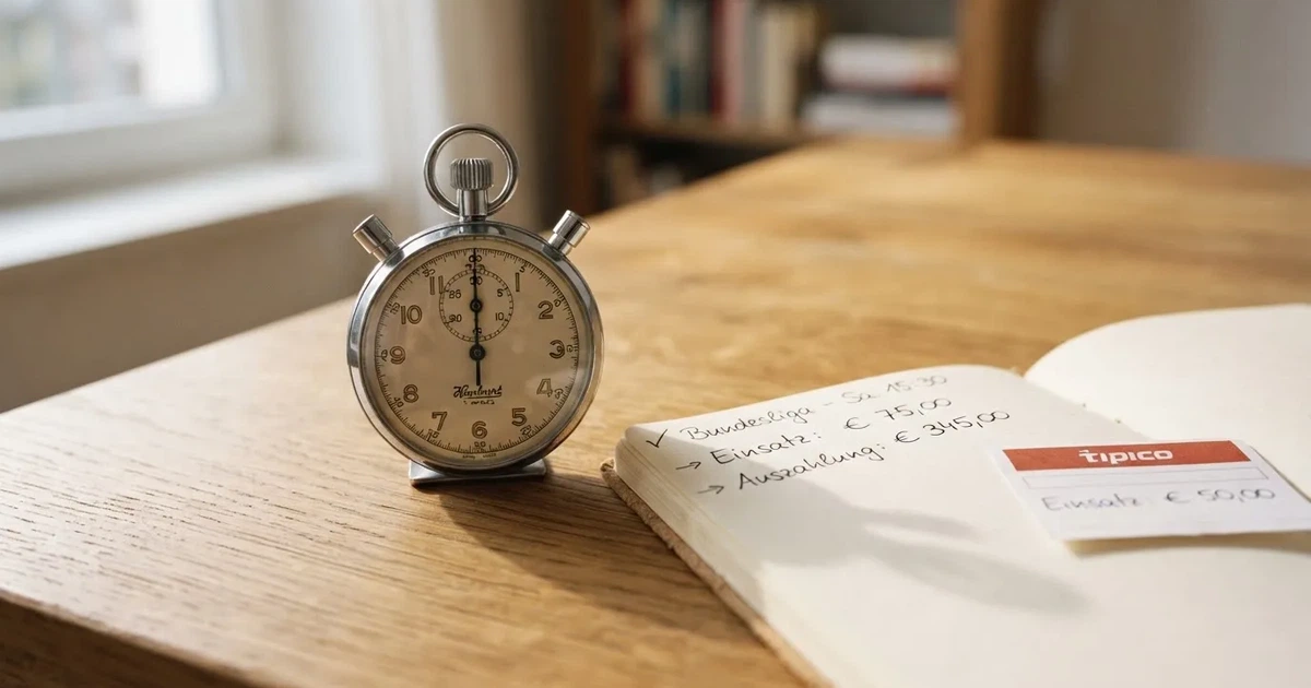 Eine Stoppuhr liegt neben Münzen und einem Notizbuch auf einem Holztisch, Tageslicht fällt von der Seite ein.