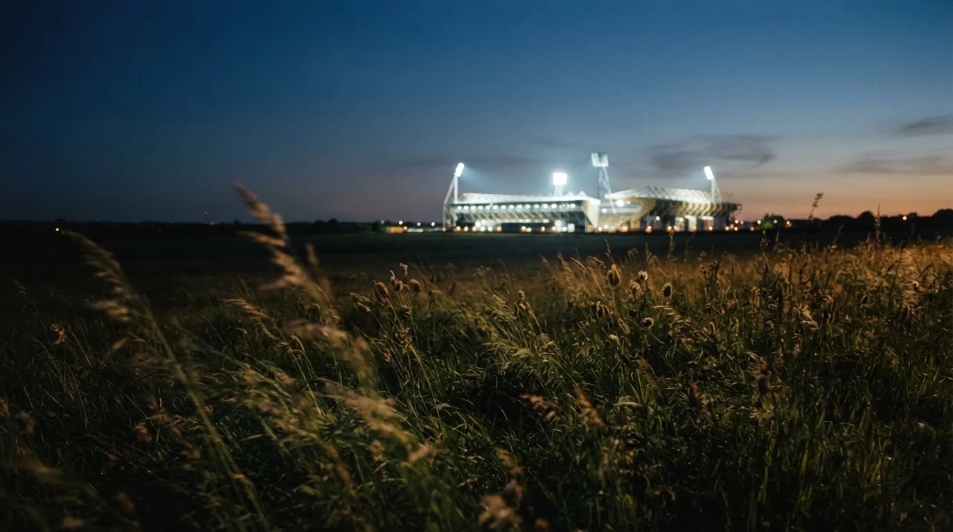 Ein hell beleuchtetes Stadion aus der Ferne in der Dämmerung, im Vordergrund ein Feld mit hohem Gras.