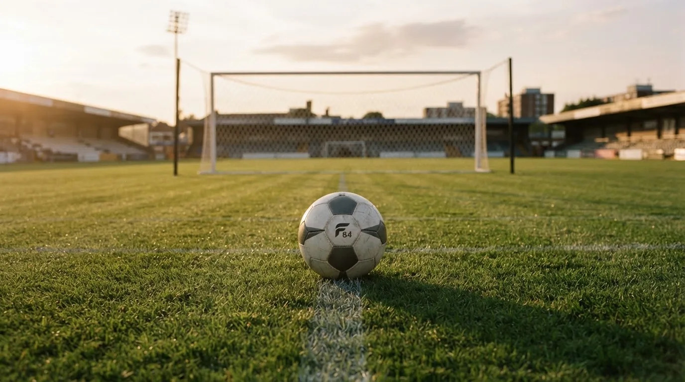 Ein Fußball liegt im Strafraum eines leeren Platzes, dahinter die Netze des Tores im Abendlicht.