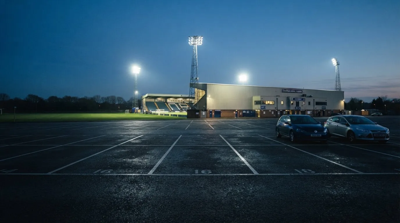 Ein Stadion unter Flutlicht aus großer Entfernung bei Einbruch der Dunkelheit, davor ein stiller Parkplatz.