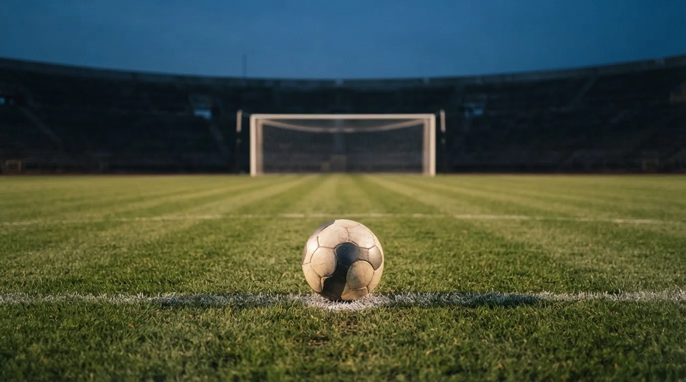 Ein Fußball liegt auf dem Elfmeterpunkt eines leeren Platzes im Abendlicht.