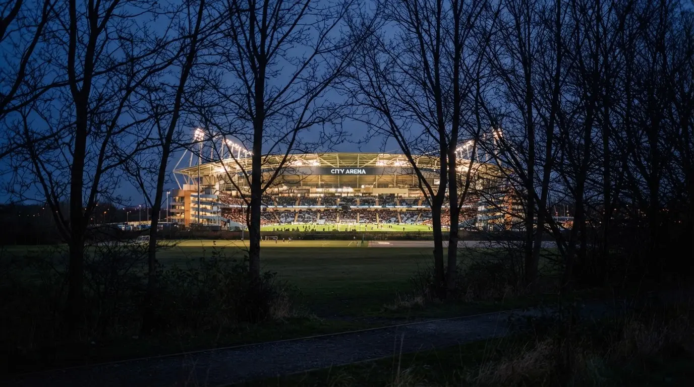 Ein Stadion unter Flutlicht, aus großer Entfernung gesehen, davor eine Reihe kahler Bäume im Dämmerlicht.
