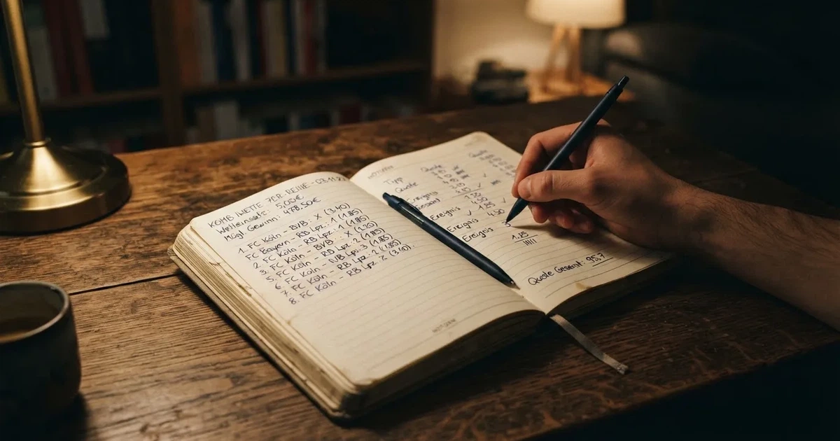 Ein Notizbuch mit handschriftlichen Zahlenreihen und Strichlisten liegt neben einem Taschenrechner auf einem Schreibtisch.