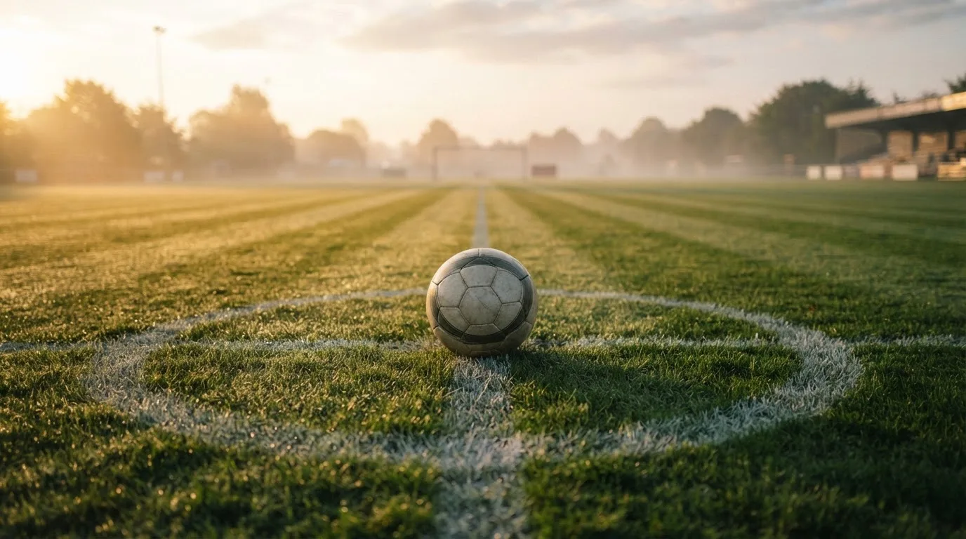 Ein Fußball auf dem Mittelkreis eines leeren Rasenplatzes im frühen Morgenlicht.