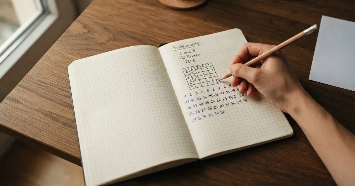 Ein Notizbuch mit handschriftlichen Zahlenreihen und Kästchen liegt neben einem Taschenrechner und einem Bleistift auf einem Schreibtisch.