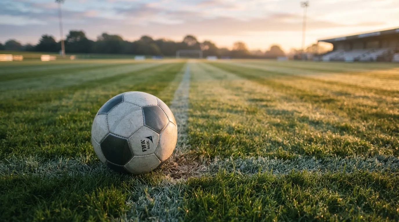 Ein Fußball liegt am Rand des Mittelkreises auf einem leeren Rasenplatz bei Sonnenaufgang.