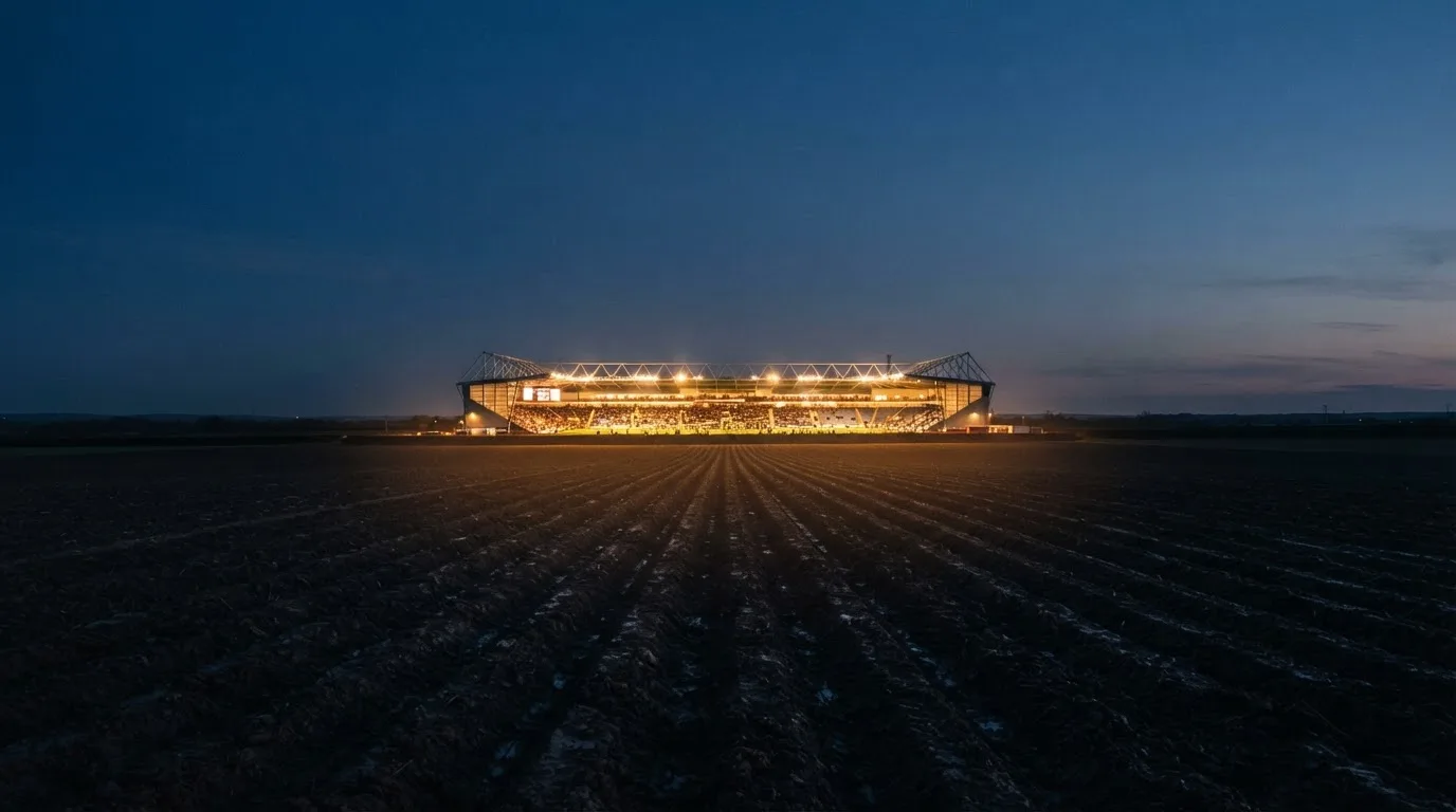 Ein Stadion unter Flutlicht aus großer Entfernung, davor ein dunkler Acker im Abendlicht.