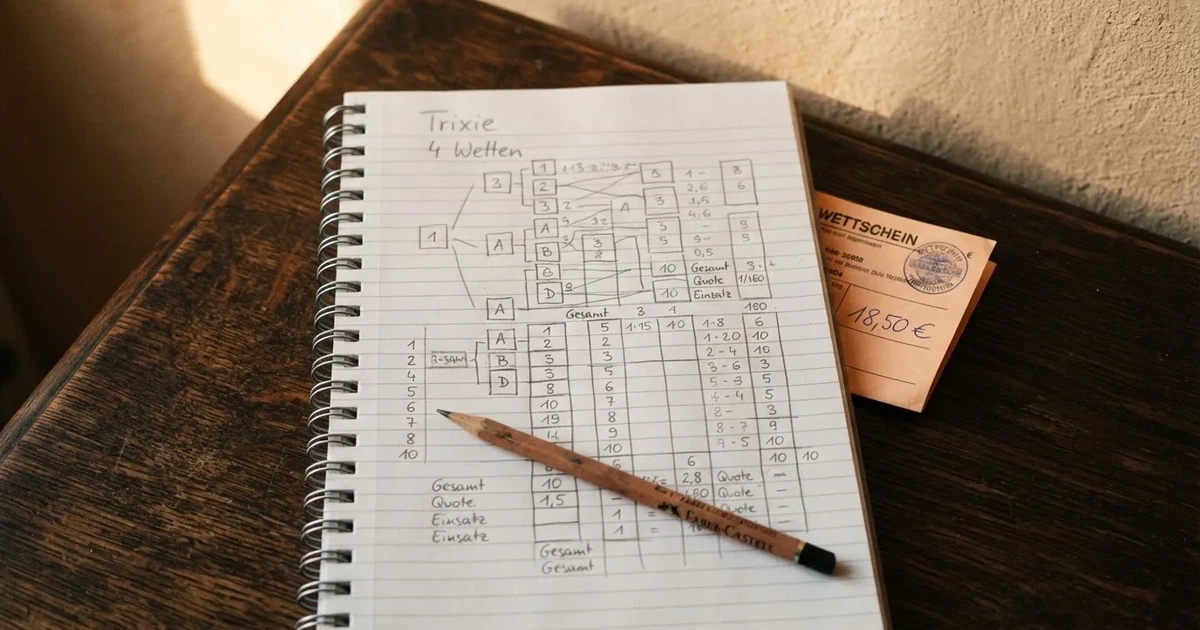 Ein Notizbuch mit handschriftlichen Kästchen und Linien liegt neben einem Bleistift und einem Taschenrechner auf einem Schreibtisch.