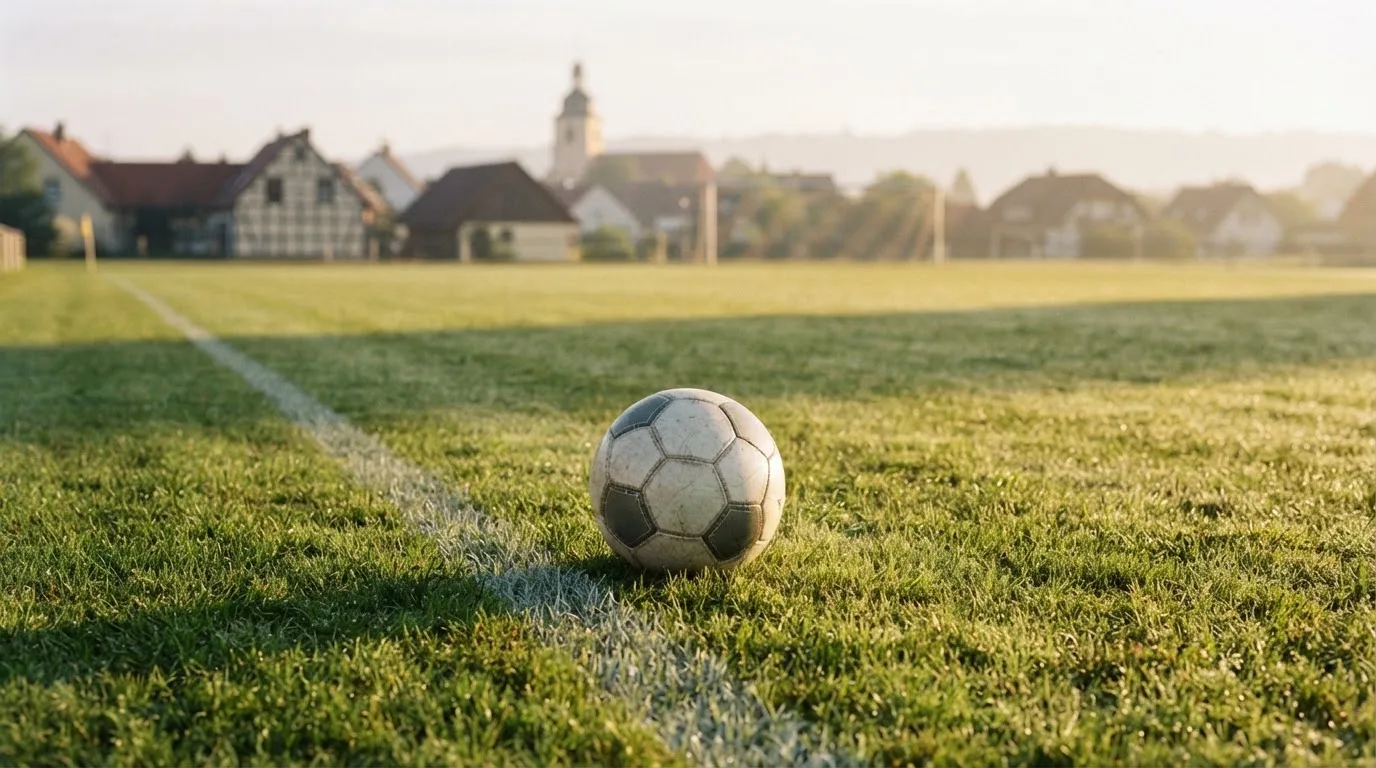 Ein Fußball auf dem Rasen eines leeren Sportplatzes am Rand einer Kleinstadt im Morgenlicht.