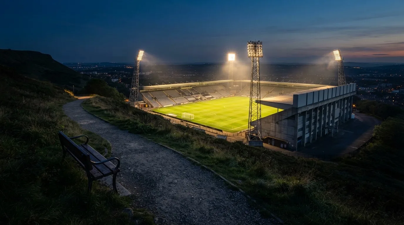 Ein Stadion unter Flutlicht, von einer Anhöhe aus gesehen, davor ein stiller Weg in der Dämmerung.