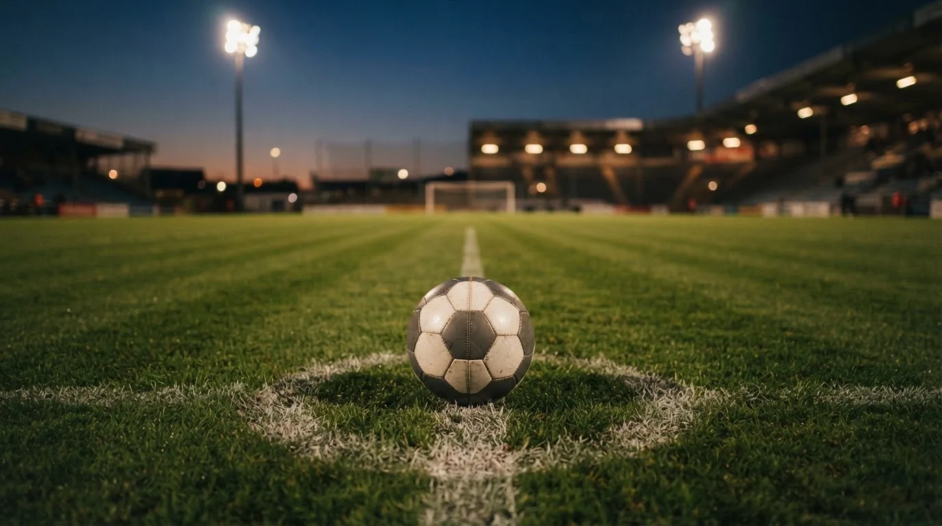 Ein Fußball liegt auf dem Anstoßpunkt eines leeren Rasenplatzes, im Hintergrund ein Stadion unter Flutlicht in der Abenddämmerung.