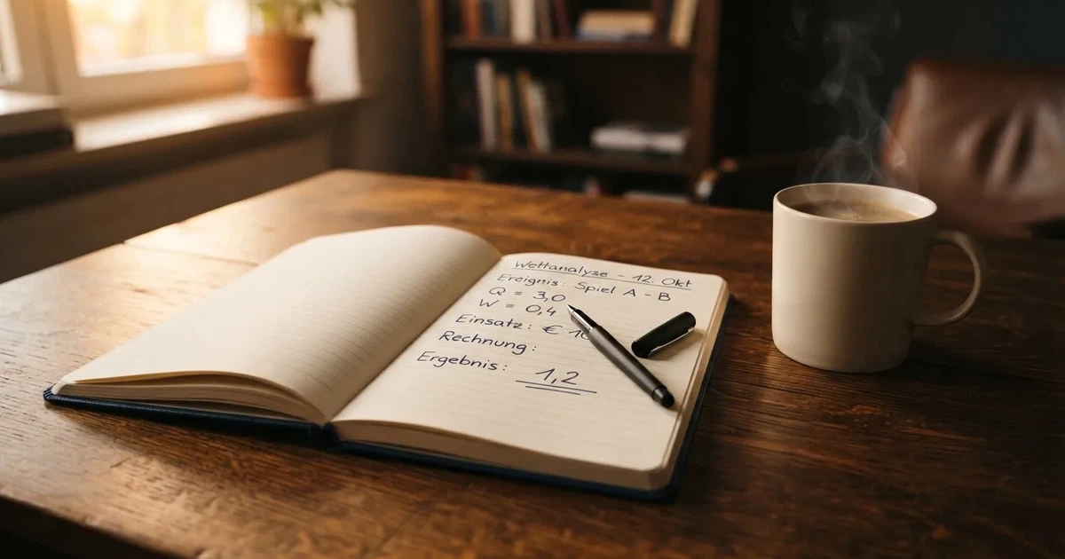 Ein Notizbuch mit handschriftlichen Rechnungen und ein Taschenrechner liegen auf einem Schreibtisch neben einer Tasse Kaffee im Licht des frühen Morgens.