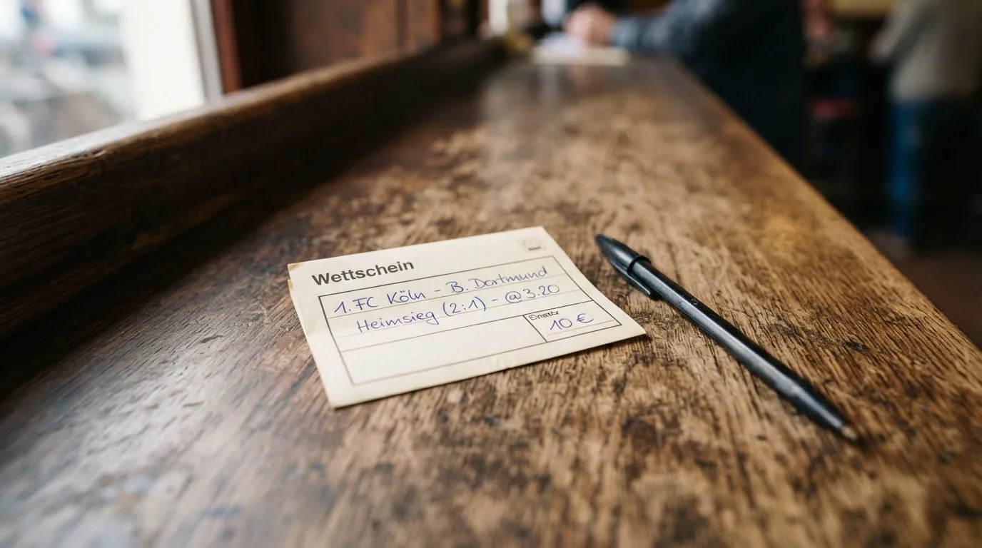 Ein leerer Wettschein aus Papier liegt neben einem Stift auf einer hölzernen Theke, weiches Licht fällt von der Seite ein.