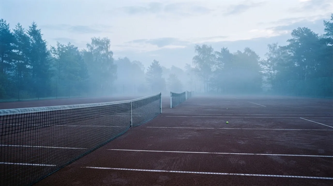 Ein Tennisplatz im Morgengrauen, das Netz und die Linien liegen im Tau, im Hintergrund leichter Nebel und kein Mensch zu sehen.