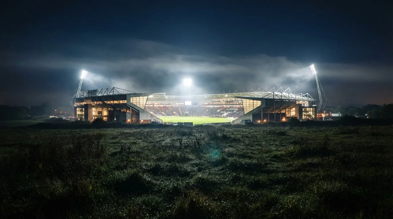 Ein Stadion unter Flutlicht, aus großer Entfernung über eine dunkle Wiese fotografiert, am Himmel zieht Nebel auf.