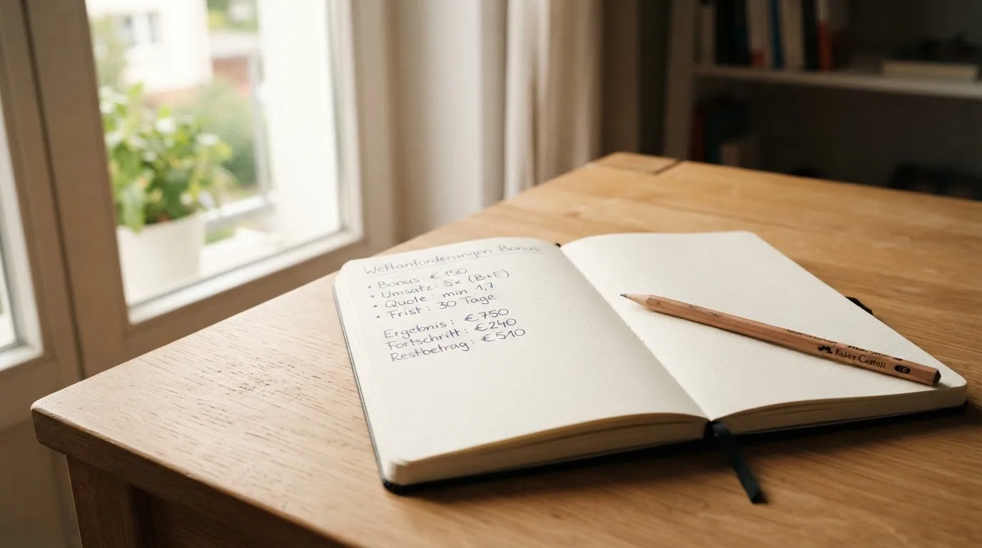Ein Notizbuch mit handschriftlichen Notizen und ein Bleistift liegen auf einem Schreibtisch am Fenster, draußen fällt Morgenlicht herein.