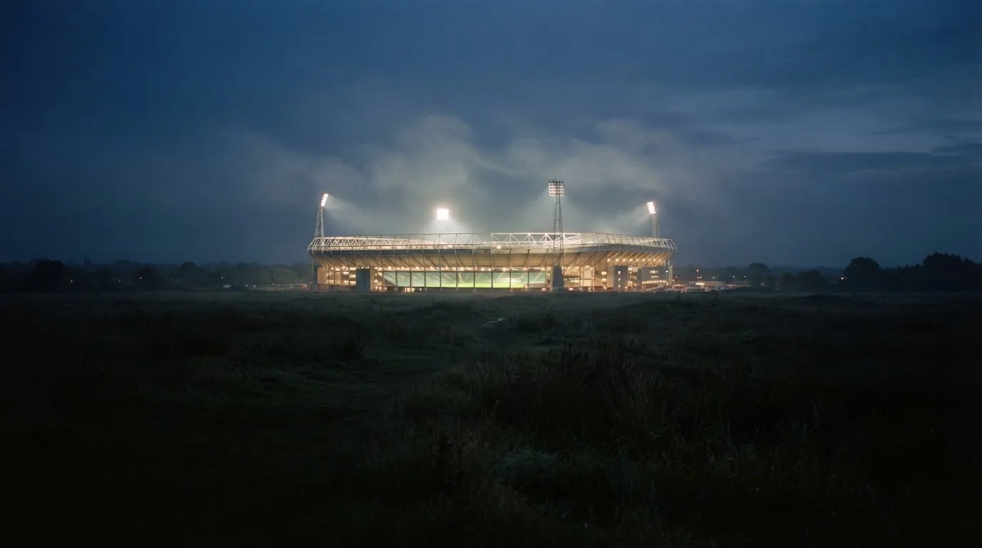 Ein Stadion unter Flutlicht, aus großer Entfernung über eine dunkle Wiese fotografiert, am Himmel zieht Nebel auf.