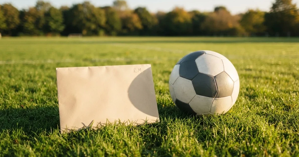 Ein verschlossener leerer Briefumschlag liegt neben einem Fußball auf grünem Rasen im warmen Licht des Nachmittags.