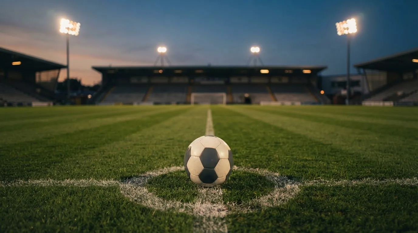 Ein Fußball liegt auf dem Anstoßpunkt eines leeren Rasenplatzes, im Hintergrund steht ein Stadion unter Flutlicht in der Dämmerung.