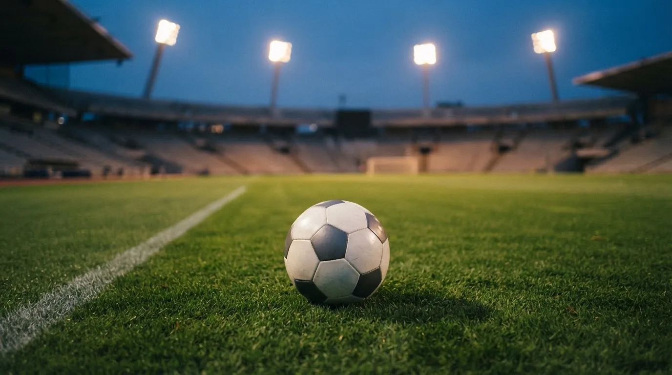 Ein Fußball liegt auf dem Rasen eines leeren Platzes, im Hintergrund ein Stadion unter Flutlicht in der Abenddämmerung.