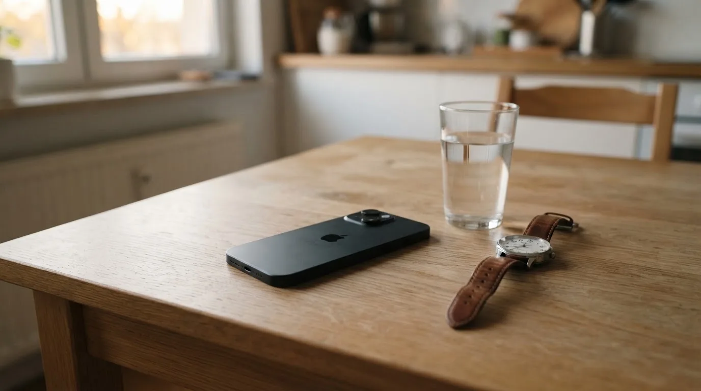 Ein Smartphone liegt mit dem Display nach unten auf einem Küchentisch, daneben stehen ein Glas Wasser und eine Armbanduhr.