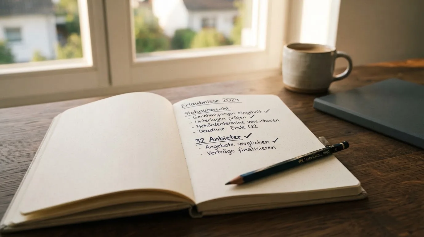 Ein Notizbuch mit handschriftlichen Notizen und ein Bleistift liegen auf einem Schreibtisch am Fenster, draußen fällt Morgenlicht herein.
