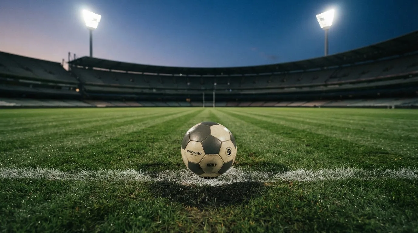 Ein Fußball liegt auf dem Anstoßpunkt eines leeren Rasenplatzes, im Hintergrund steht ein Stadion unter Flutlicht in der Dämmerung.