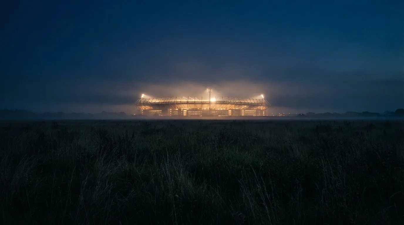 Ein Stadion unter Flutlicht, aus großer Entfernung über eine dunkle Wiese fotografiert, am Himmel zieht Nebel auf.