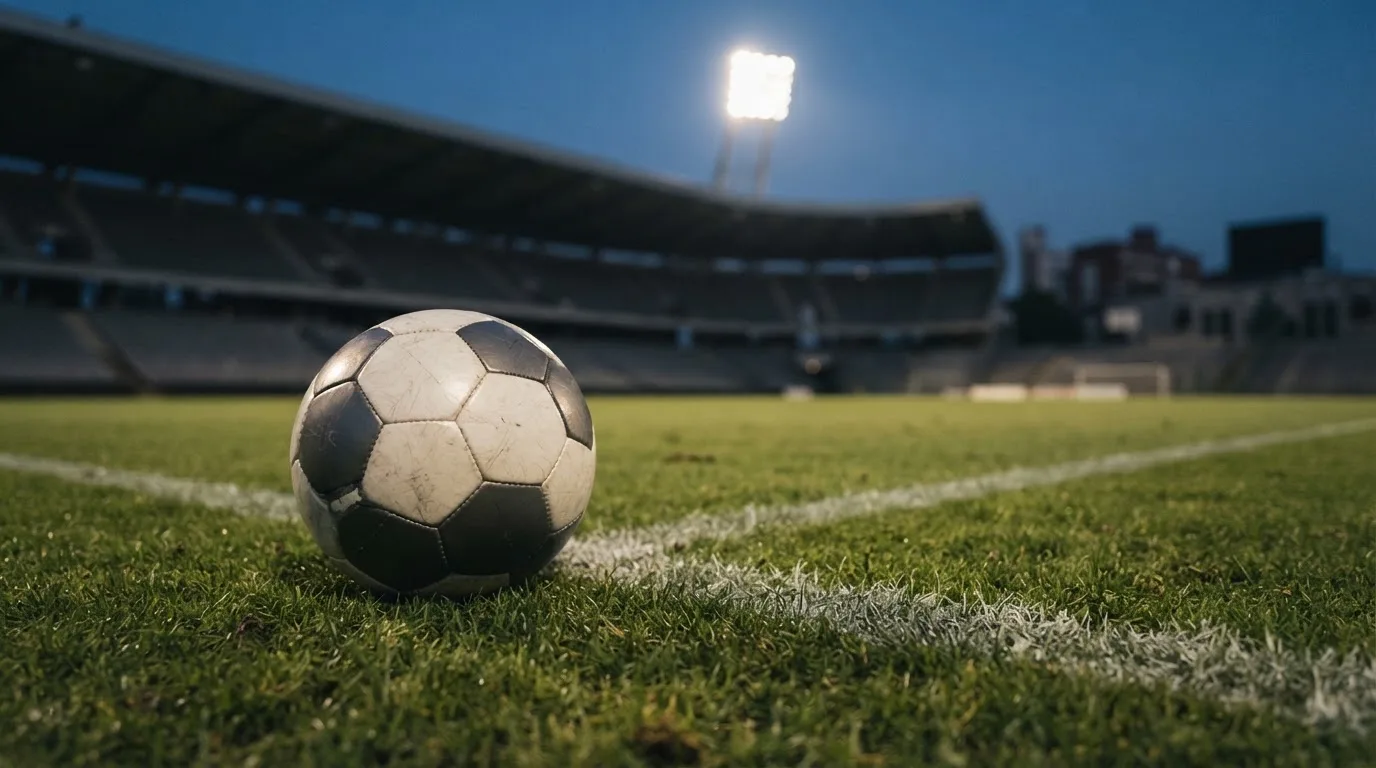 Ein Fußball liegt auf dem Rasen eines leeren Platzes, im Hintergrund ein Stadion unter Flutlicht in der Abenddämmerung.