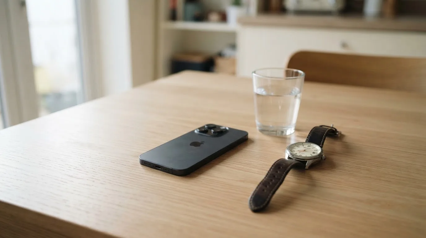 Ein Smartphone liegt mit dem Display nach unten auf einem Küchentisch, daneben stehen ein Glas Wasser und eine Armbanduhr.