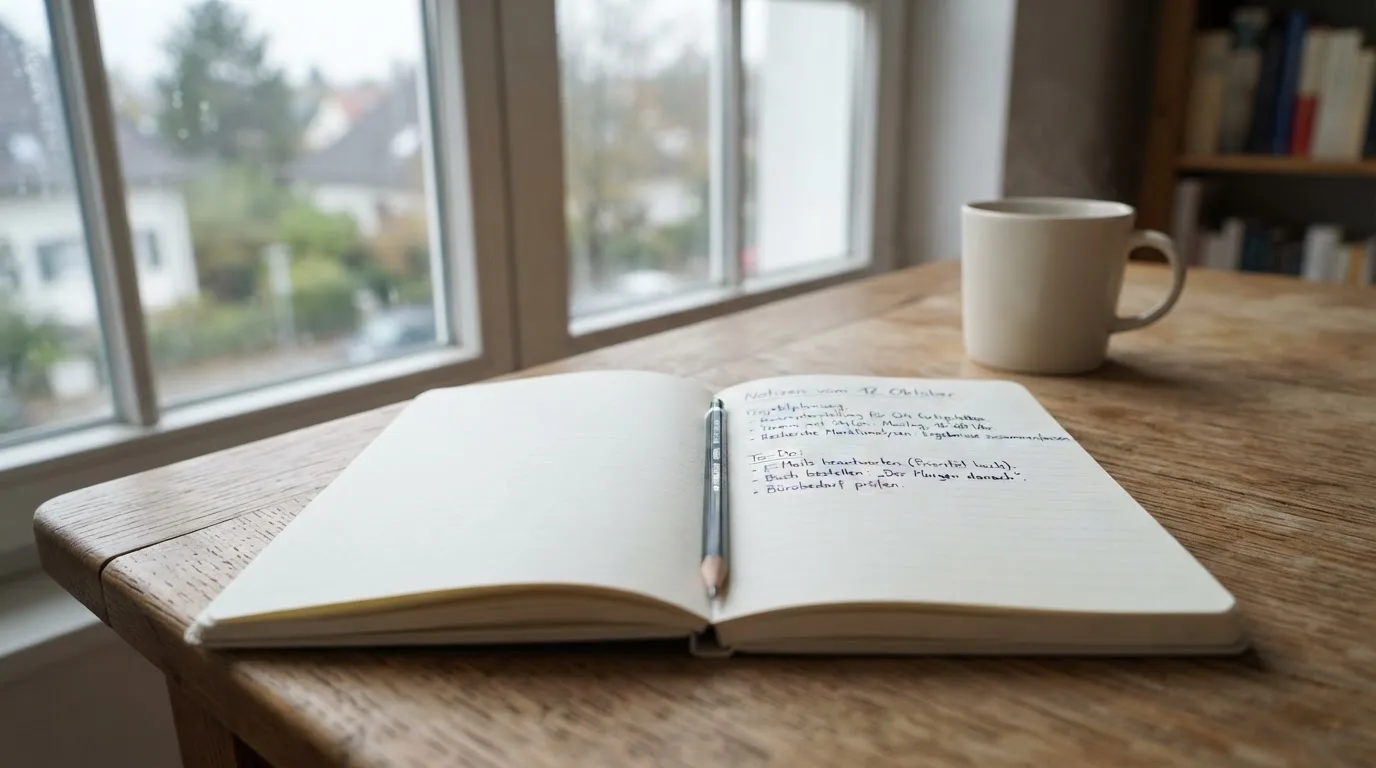 Ein Notizbuch mit handschriftlichen Notizen und ein Bleistift liegen auf einem Schreibtisch am Fenster, draußen fällt Morgenlicht herein.