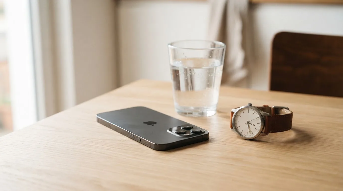 Ein Smartphone liegt mit dem Display nach unten auf einem Küchentisch, daneben stehen ein Glas Wasser und eine Armbanduhr.