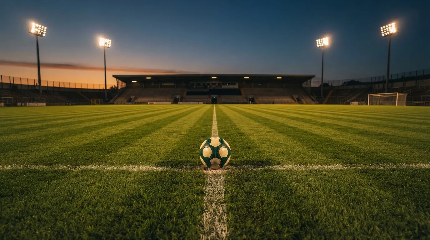 Ein Fußball liegt auf dem Anstoßpunkt eines leeren Rasenplatzes, im Hintergrund steht ein Stadion unter Flutlicht in der Dämmerung.