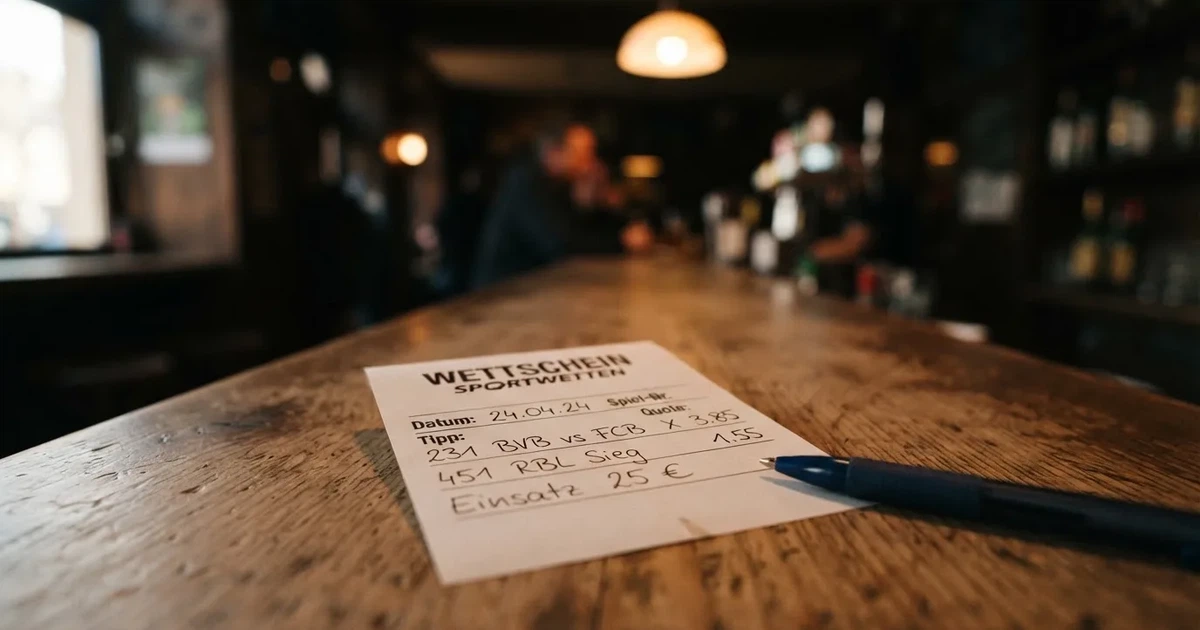 Ein leerer Wettschein aus Papier liegt neben einem Stift auf einer hölzernen Theke, weiches Licht fällt von der Seite ein.