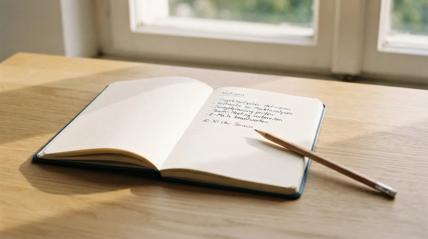Ein Notizbuch mit handschriftlichen Notizen und ein Bleistift liegen auf einem Schreibtisch am Fenster, draußen fällt Morgenlicht herein.