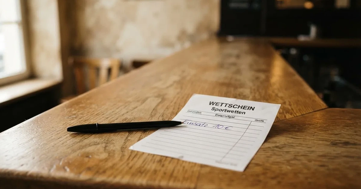 Ein leerer Wettschein aus Papier liegt neben einem Stift auf einer hölzernen Theke, weiches Licht fällt von der Seite ein.