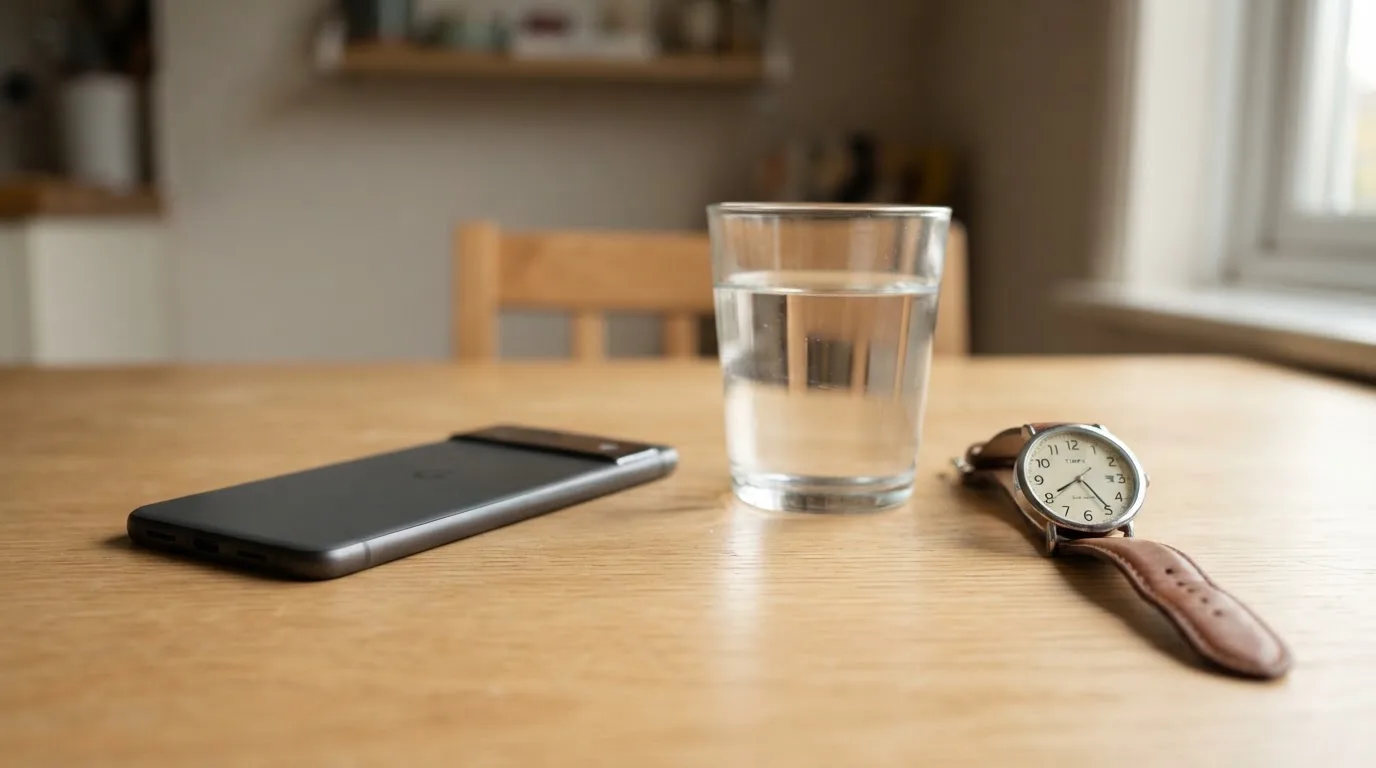Ein Smartphone liegt mit dem Display nach unten auf einem Küchentisch, daneben stehen ein Glas Wasser und eine Armbanduhr.