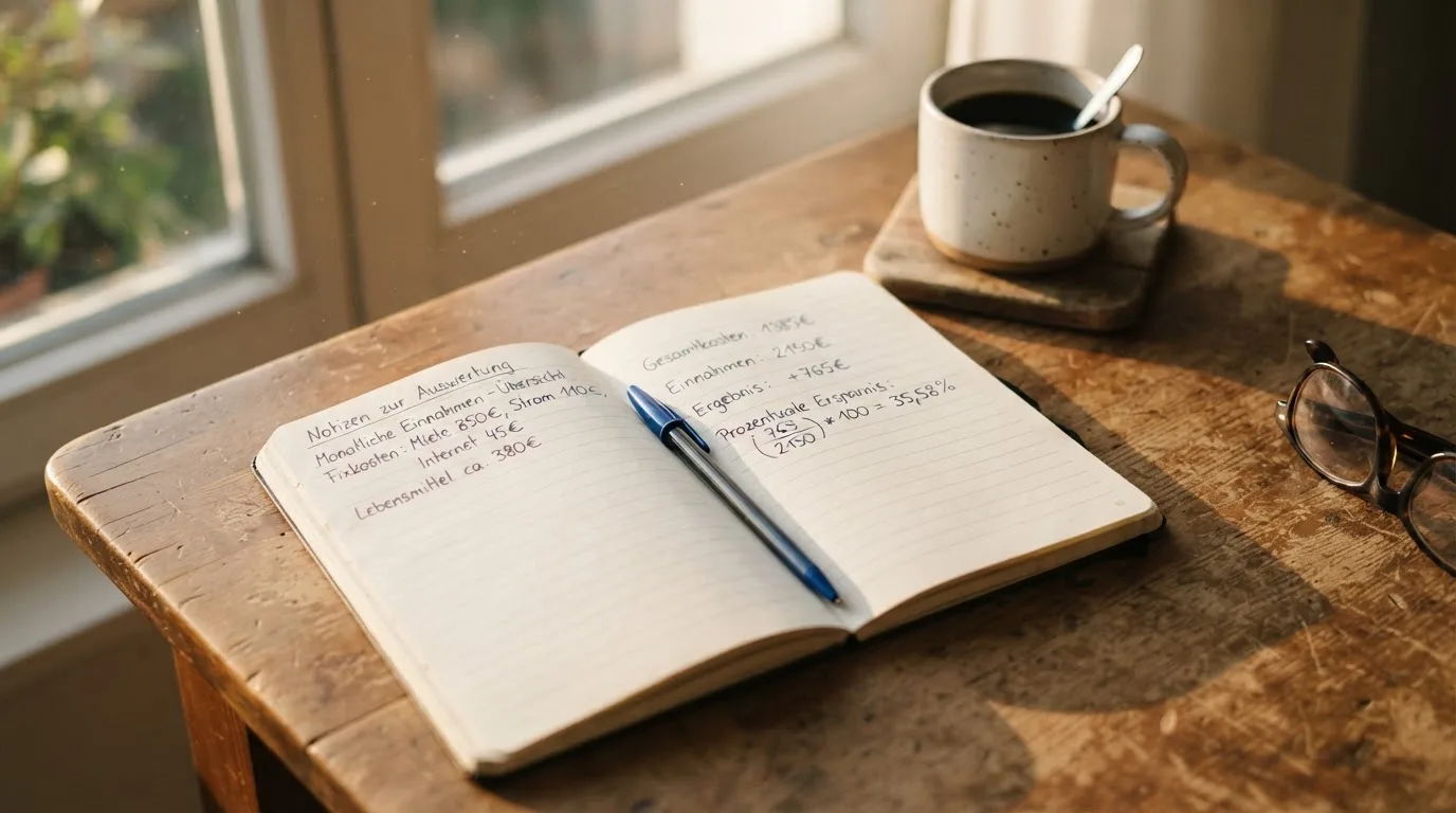 Ein Notizbuch mit handschriftlichen Rechnungen und ein Taschenrechner liegen auf einem Schreibtisch neben einer Tasse Kaffee im Licht des frühen Morgens.