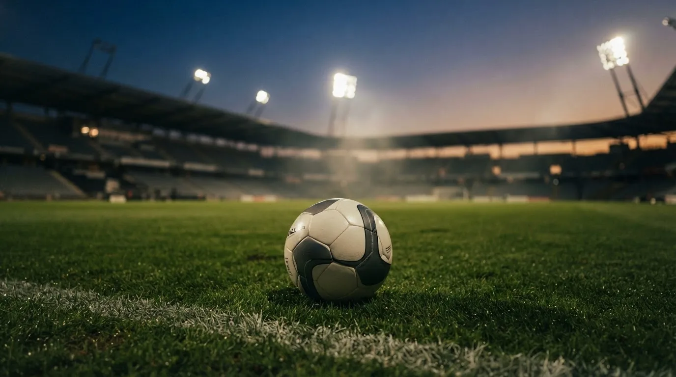 Ein Fußball liegt auf dem Rasen eines leeren Platzes, im Hintergrund ein Stadion unter Flutlicht in der Abenddämmerung.