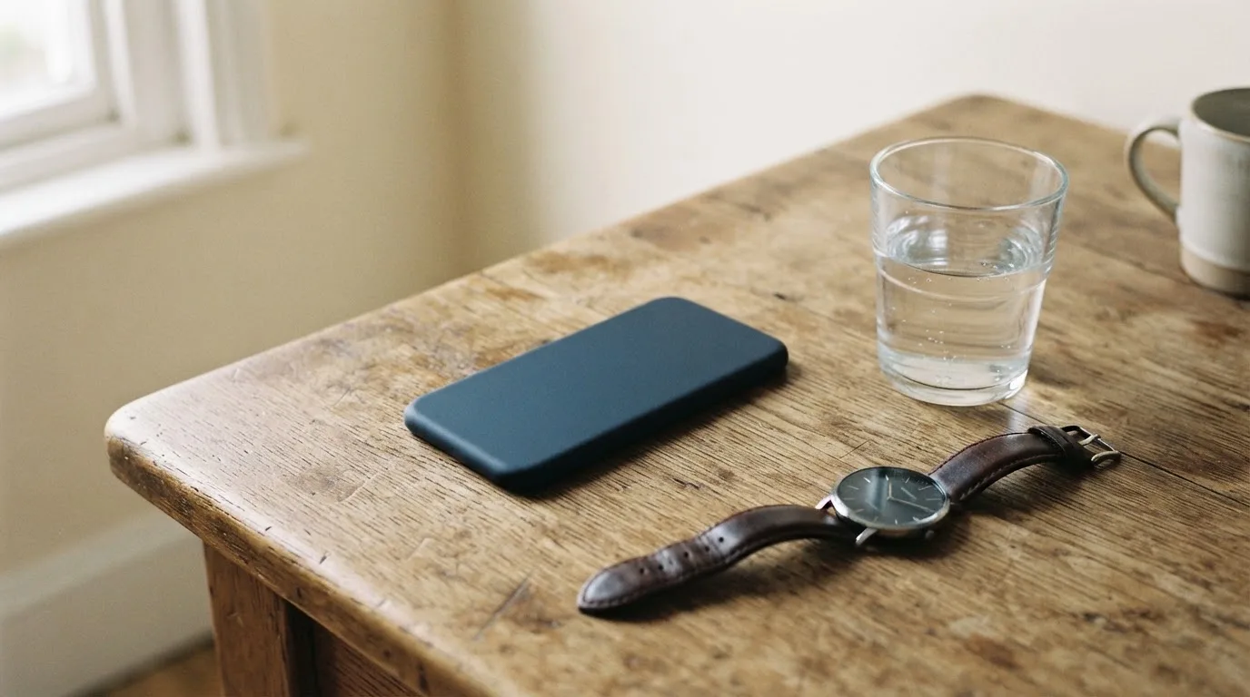 Ein Smartphone liegt mit dem Display nach unten auf einem Küchentisch, daneben stehen ein Glas Wasser und eine Armbanduhr.