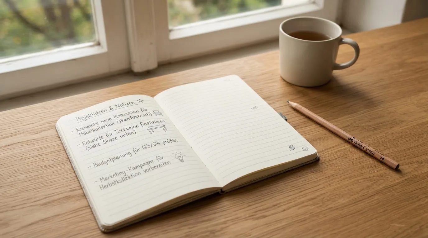 Ein Notizbuch mit handschriftlichen Notizen und ein Bleistift liegen auf einem Schreibtisch am Fenster, draußen fällt Morgenlicht herein.