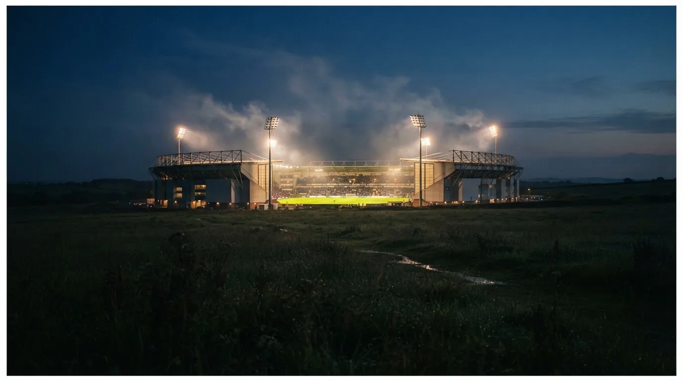 Ein Stadion unter Flutlicht, aus großer Entfernung über eine dunkle Wiese fotografiert, am Himmel zieht Nebel auf.