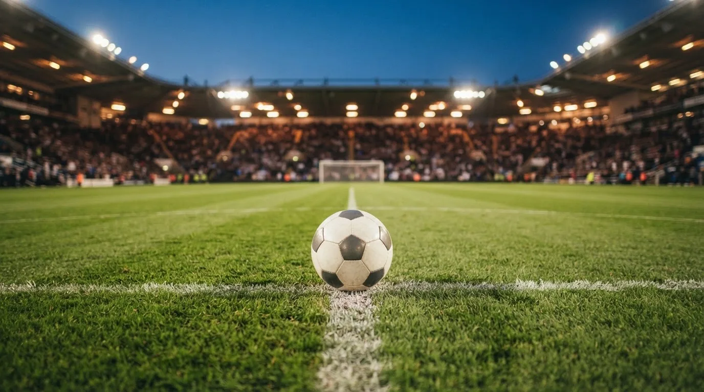 Ein Fußball liegt auf dem Anstoßpunkt eines leeren Rasenplatzes, im Hintergrund steht ein Stadion unter Flutlicht in der Dämmerung.