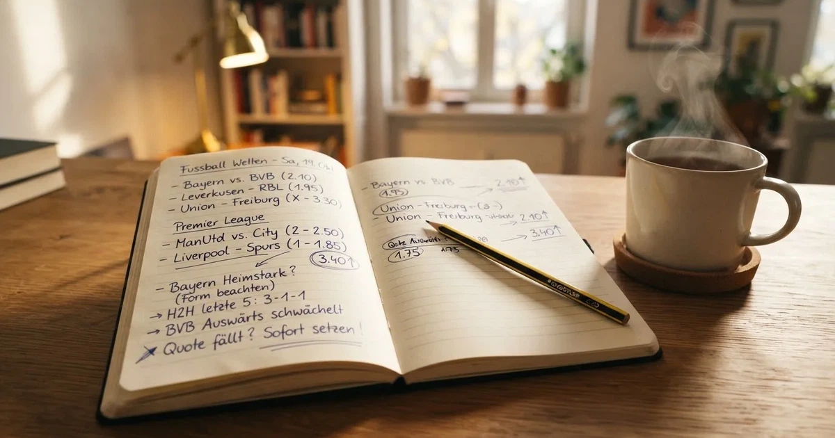 Ein Notizbuch mit handschriftlichen Notizen und Pfeilen liegt aufgeschlagen auf einem Schreibtisch, daneben ein Bleistift und eine Tasse Tee.