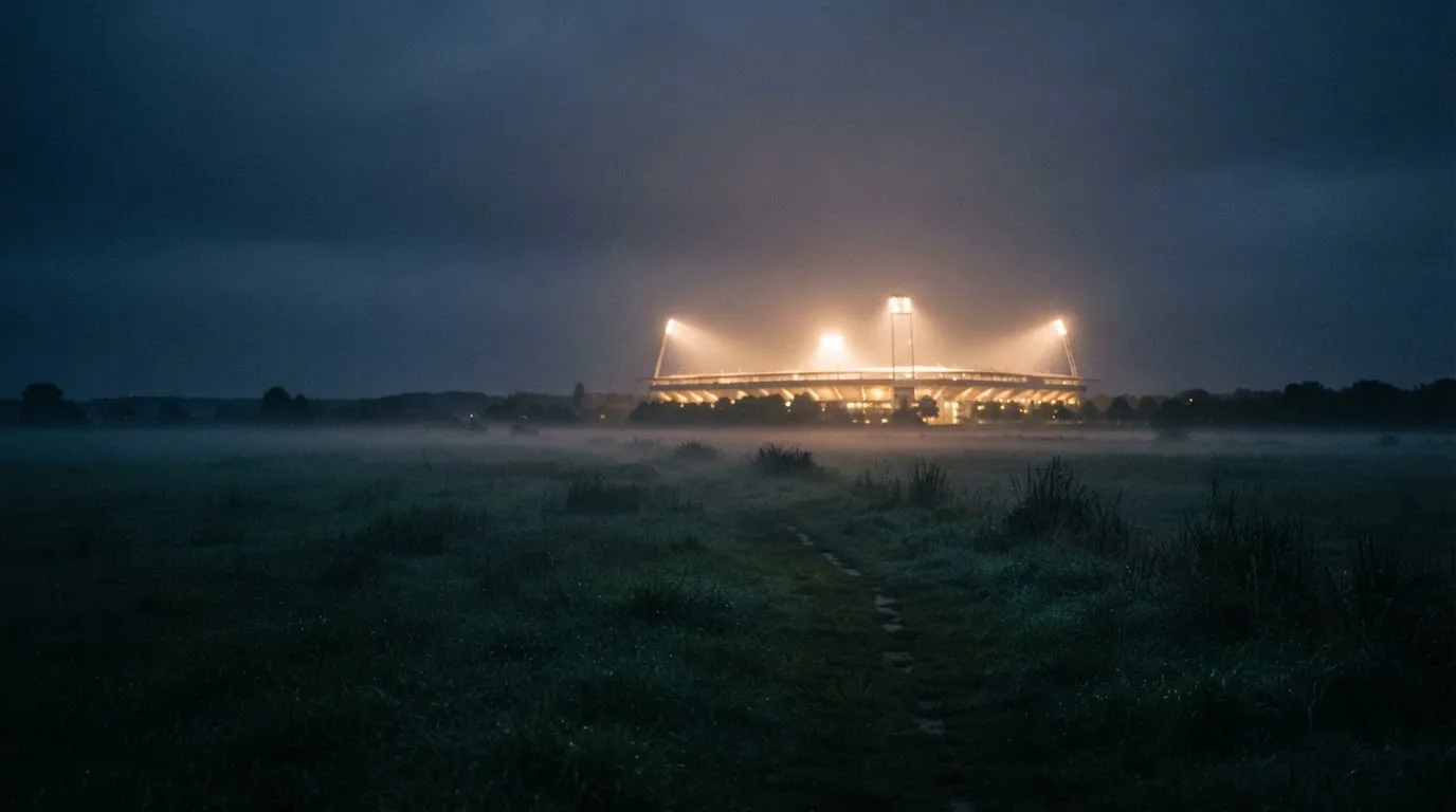 Ein Stadion unter Flutlicht, aus großer Entfernung über eine dunkle Wiese fotografiert, am Himmel zieht Nebel auf.