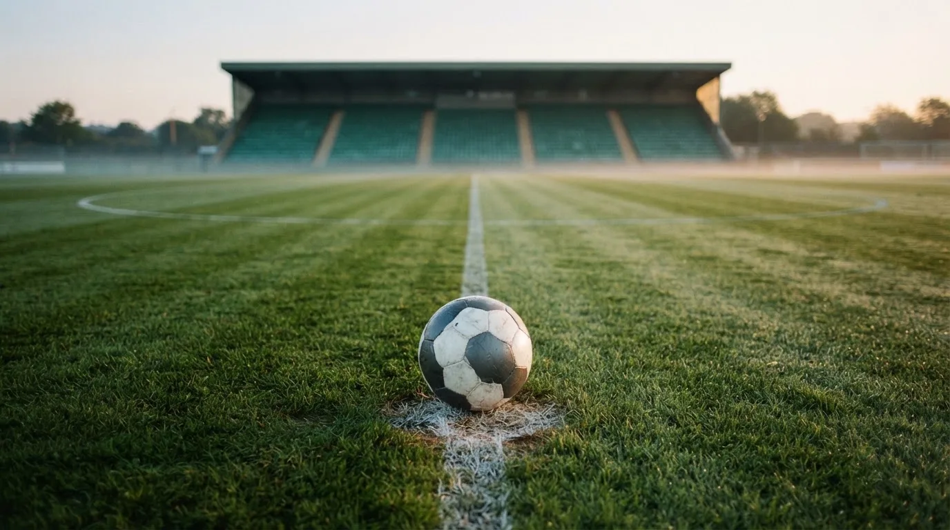 Ein Fußball liegt auf dem Anstoßpunkt eines leeren Rasenplatzes in der Morgendämmerung, im Hintergrund eine leere Tribüne.