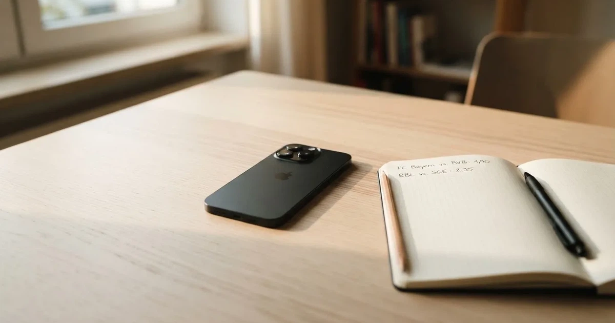 Mehrere Smartphones liegen mit dem Display nach unten neben einem Notizblock und einem Bleistift auf einem hellen Holztisch, seitliches Morgenlicht.
