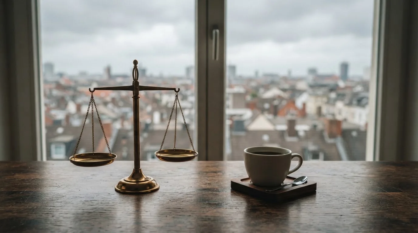 Eine Messingwaage steht auf einem dunklen Holzschreibtisch neben einer Kaffeetasse, im Hintergrund ein Fenster mit Blick auf Dächer.